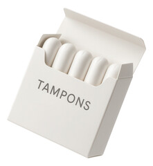 Open box containing white cylindrical tampons neatly packed side by side on transparent background.