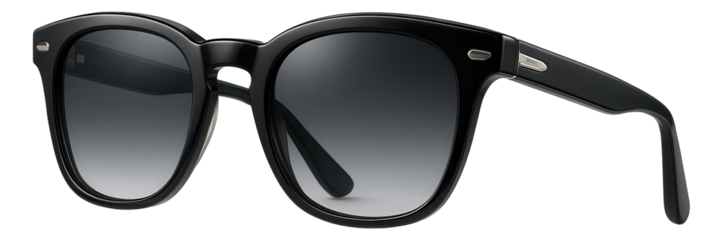 Stylish black sunglasses with a sleek glossy frame and dark tinted lenses on transparent background.
