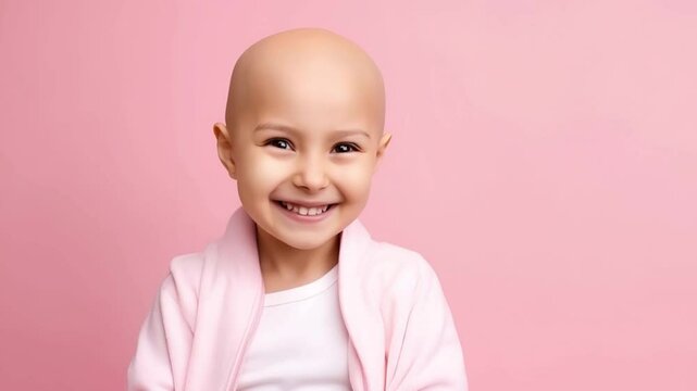 Portrait of smiling bald cute girl on pink studio background with copy space. Children's ancology concept. Happy cancer patient. Recovery from leukemia cancer. Cancer survivor.