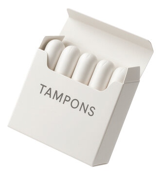 Open box containing white cylindrical tampons neatly packed side by side on transparent background.