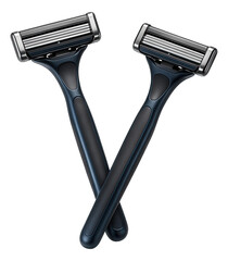 Two modern black and silver disposable razors with ergonomic handles crossed elegantly on transparent background.