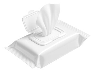 Opened package of wet wipes with a single wipe partially pulled out from the dispenser on transparent background.