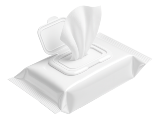 Opened package of wet wipes with a single wipe partially pulled out from the dispenser on transparent background.