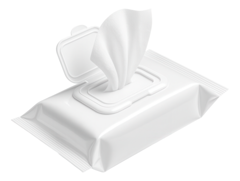 Opened package of wet wipes with a single wipe partially pulled out from the dispenser on transparent background.
