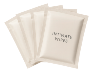 Four individual packets labeled "Intimate Wipes" arranged in a fan-like manner on transparent background.