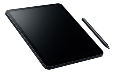 Sleek black tablet and stylus pen positioned next to each other on transparent background.