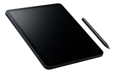 Sleek black tablet and stylus pen positioned next to each other on transparent background.