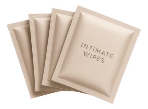 Four beige sachets labeled "Intimate Wipes" arranged in a fanned-out pattern on transparent background.