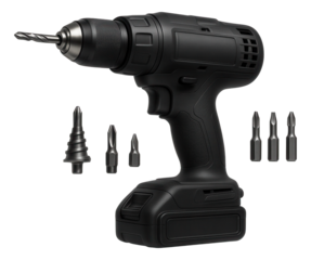 Black cordless power drill with various interchangeable bits on transparent background.
