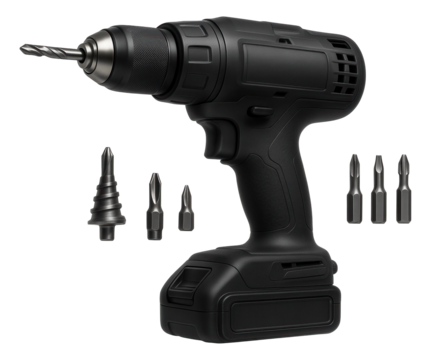 Black cordless power drill with various interchangeable bits on transparent background.