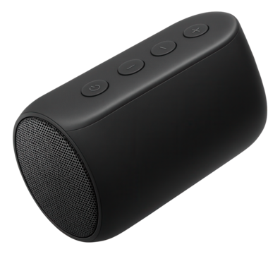Sleek black portable Bluetooth speaker with control buttons and a mesh front on transparent background.