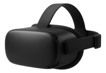 Sleek black virtual reality headset with adjustable strap on transparent background.