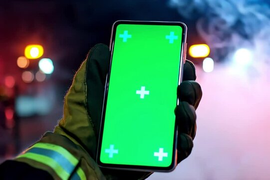 Firefighter showcasing modern smartphone with a greenscreen in dramatic setting