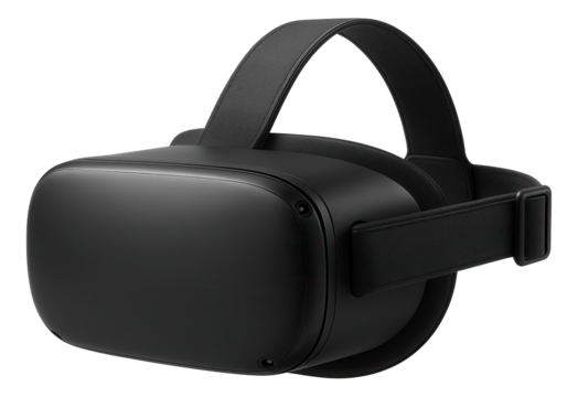 Sleek black virtual reality headset with adjustable strap on transparent background. - Powered by Adobe