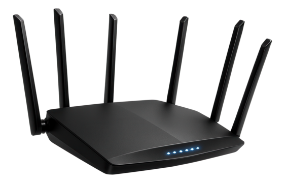 Black wireless router with six antennas and blue indicator lights on transparent background.