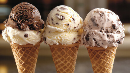 Three ice cream cones in a picture 