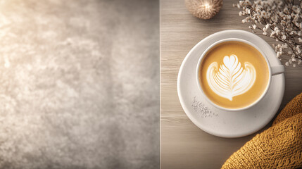 A flat lay of an elegant cup of coffee with latte art on a wooden table, a grey concrete texture, warm tones and soft lighting, creating a cozy atmosphere, beautiful background concept