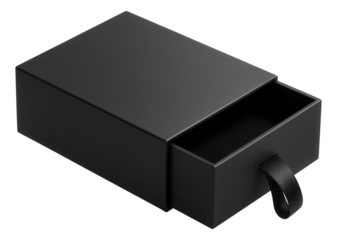 Black rectangular box with a sliding drawer and pull handle on transparent background.