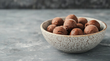 On the table are homemade chocolate ice cream balls in a cream basin.