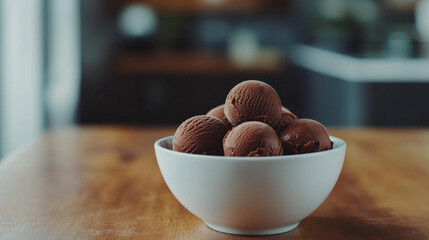 On the table are homemade chocolate ice cream balls in a cream basin.