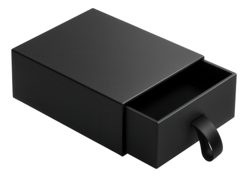 Black rectangular box with a sliding drawer and pull handle on transparent background.