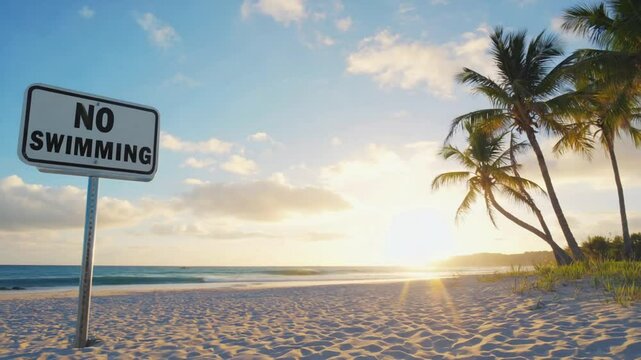 "No swimming" sign on the beach.