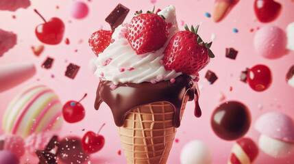 Cones and cup cones of ice cream, strawberry, cherry, sherbet, cream, and vanilla, covered with chocolate sauce and colourful chocolate candies.