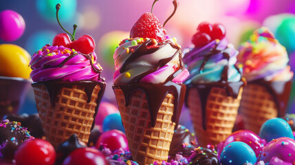 Cones and cup cones of ice cream, strawberry, cherry, sherbet, cream, and vanilla, covered with chocolate sauce and colourful chocolate candies.
