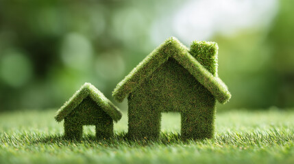 Two eco-friendly house models covered in green grass as symbol of sustainable living and environmental consciousness.