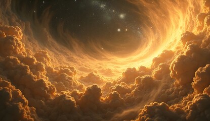 Abstract cosmic vortex illuminated by golden light amidst a field of swirling celestial cloudscape.