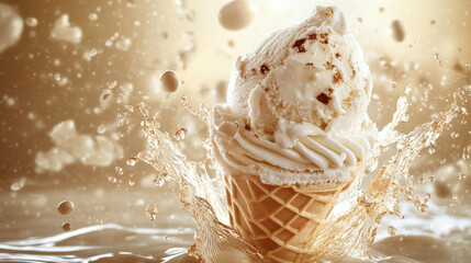 A scoop or ball of vanilla ice cream with a splash that floats and flies