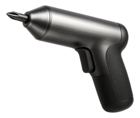 Modern black electric screwdriver with ergonomic textured handle and sleek metal finish on transparent background.