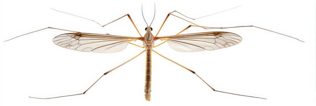 Close-up of a crane fly, showcasing its delicate wings and long legs against a stark white background.