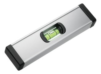 Metal spirit level with a green bubble vial, featuring black protective end caps, on transparent background.