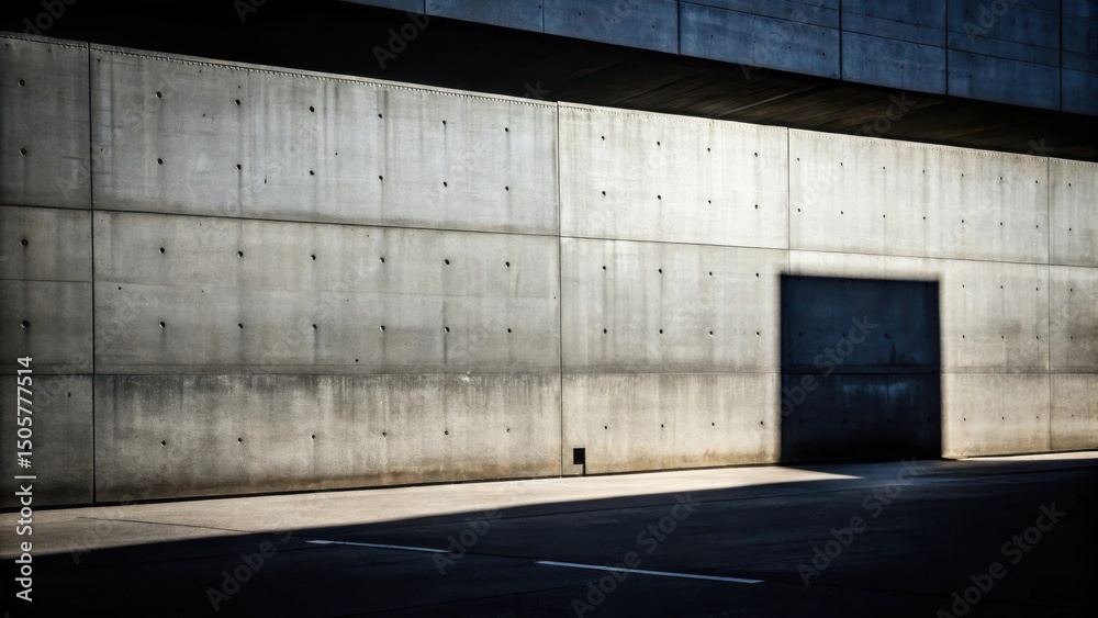 Poster A minimalist concrete wall with a rectangular shadow cast from an overhead structure, creating a geometric composition in monochrome tones.
