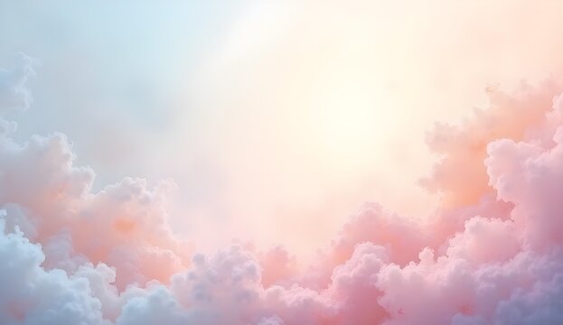 Dreamy pastel sky featuring soft, pink and blue clouds illuminated by a gentle, warm light source.
