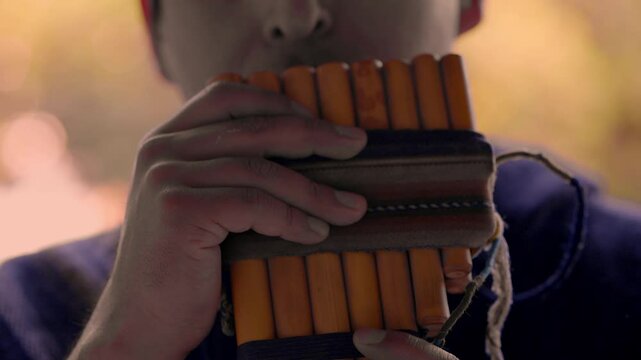 Close up of a musician playing a zampo&ntilde;a, an Andean wind instrument.