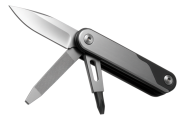 Multifunctional pocket tool featuring a knife blade, file, and screwdriver in a sleek metallic design on transparent background.