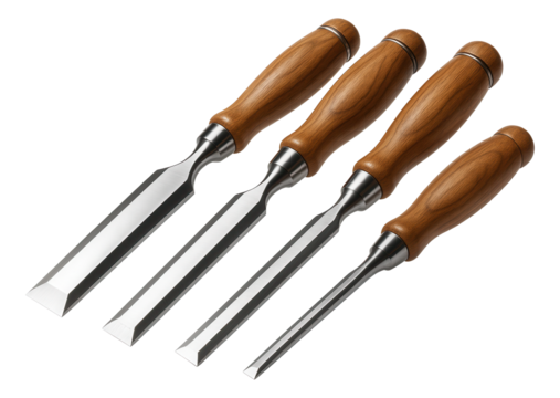 Set of four wooden-handled chisels with polished metal blades arranged in a row on transparent background.
