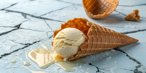Soft ice cream in a waffle on a background of broken ice