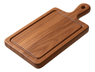 Fototapeta premium Wooden cutting board with handle and grooved edges for kitchen use on transparent background.