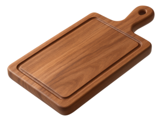 Wooden cutting board with handle and grooved edges for kitchen use on transparent background.