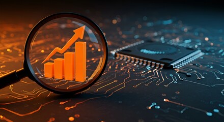 Magnifying glass highlights business growth chart with upward trend. AI analysis financial success stock increase profit investment statistic performance market economy improvement