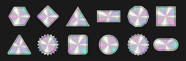 Сollection of metallic holographic stickers with iridescent pastel gradients and black outlines for ui badges, decorative labels.