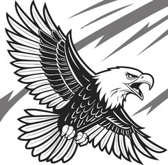 Bold black and white american bald eagle soaring through the air proudly with wings outstretched