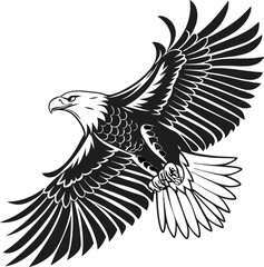 Majestic bald eagle in flight silhouette black and white vector graphic illustration