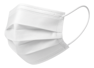 A disposable white surgical face mask with ear loops designed for personal protective use on transparent background.