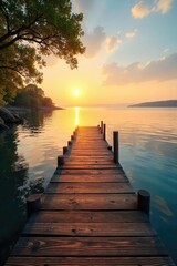 Fototapeta premium A rustic wooden shoreline dock extends over calm, clear water, bathed in the golden light of sunset Ideal for tranquility, relaxation, and nature themes , waterfront, wooden, golden hour
