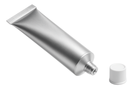 Silver-colored empty metallic tube with an open threaded end and a detached white plastic cap on transparent background.