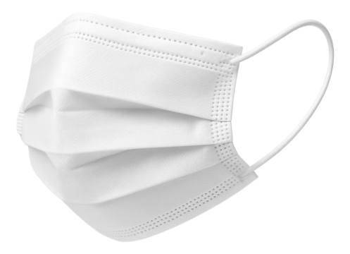 A disposable white surgical face mask with ear loops designed for personal protective use on transparent background.